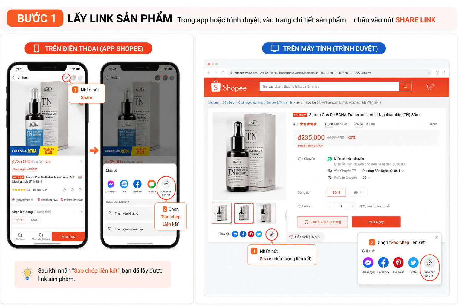 Bước 1: Lấy link sản phẩm Shopee trên điện thoại và máy tính