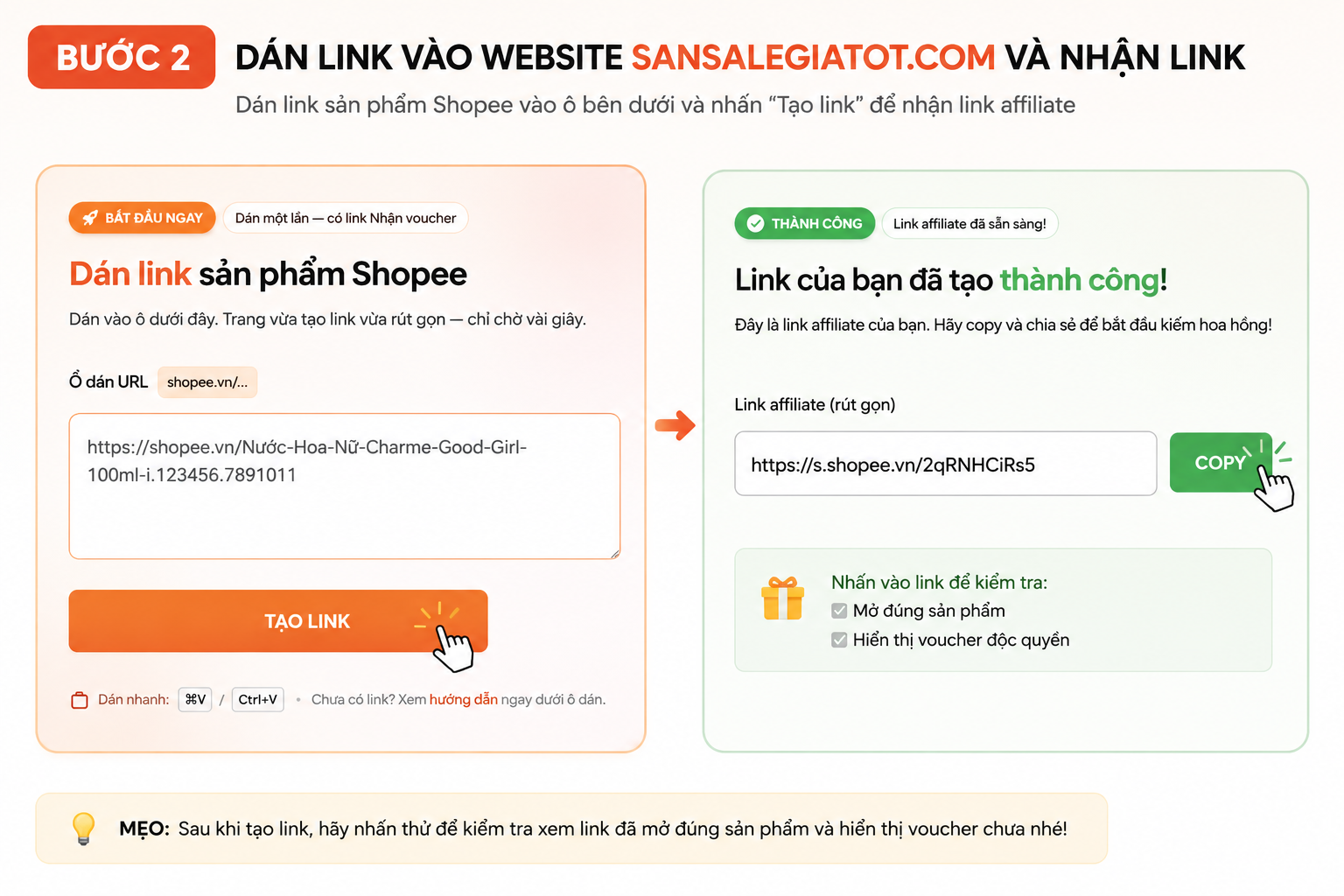 Bước 2: Dán link vào trang công cụ và nhận link affiliate để copy