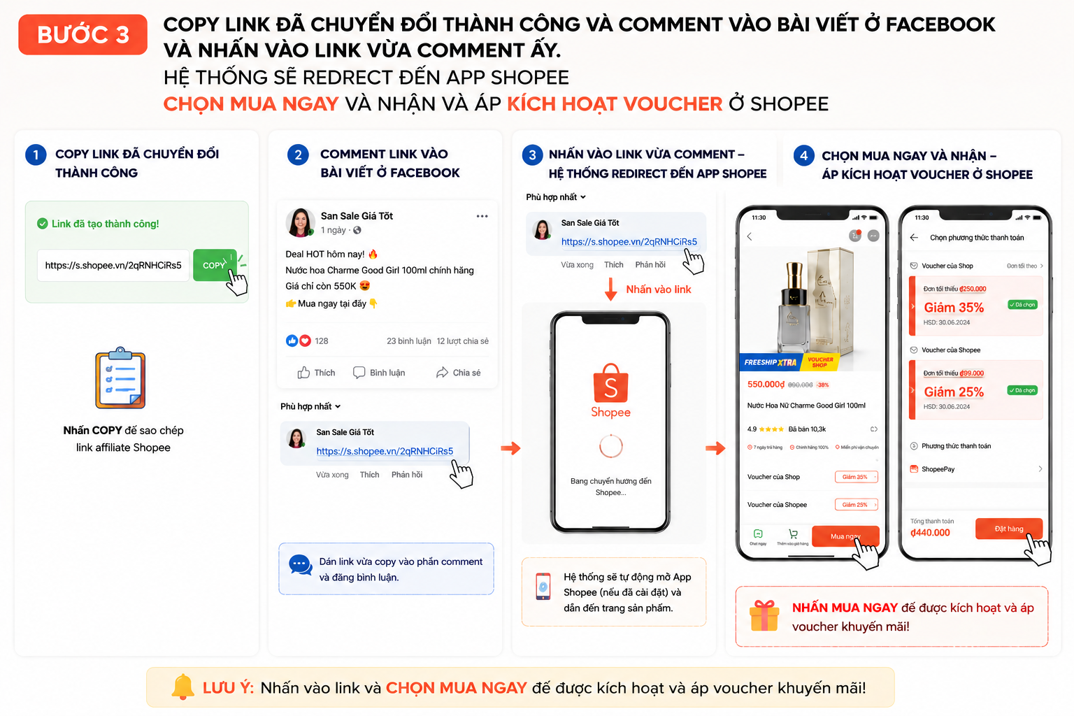 Bước 3: Copy link affiliate, mở link chuyển sang Shopee và thanh toán với voucher